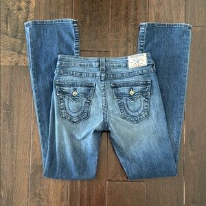 Y2K True Religion Blue Jeans with Rare Gray Swarovski Crystal High Rise Bootcut